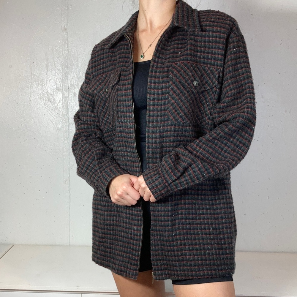 Vintage 80s Black + Gray + Red Plaid Full Zip Flannel Shacket